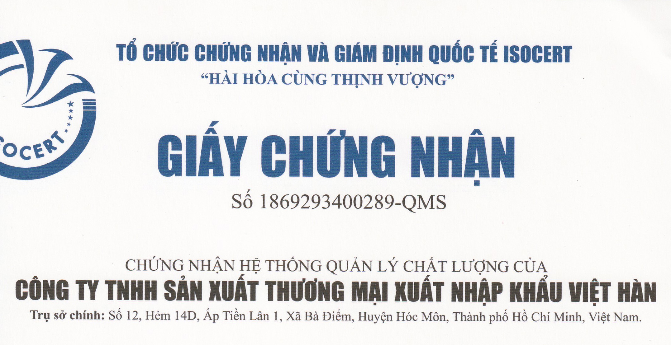 Việt Hàn vinh dự nhận Giấy chứng nhận ISO 9001:2015